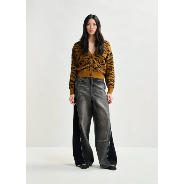Essentiel Antwerp Brown tiger-print cardigan with rhinestone encrushed buttons, view 5