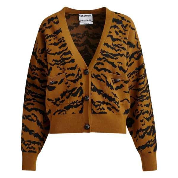 Essentiel Antwerp Brown tiger-print cardigan with rhinestone encrushed buttons - Essentiel Antwerp Knitwear - Colorful Belgian Design - Shop at Coveti