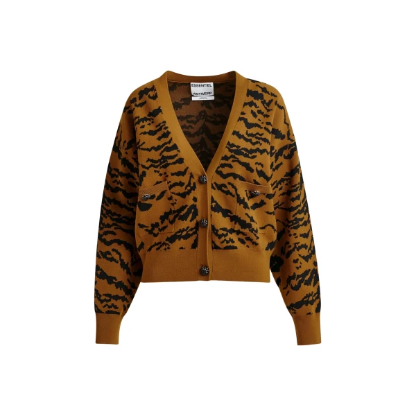 Essentiel Antwerp Brown tiger-print cardigan with rhinestone encrushed buttons - Essentiel Antwerp Knitwear - Colorful Belgian Design - Shop at Coveti