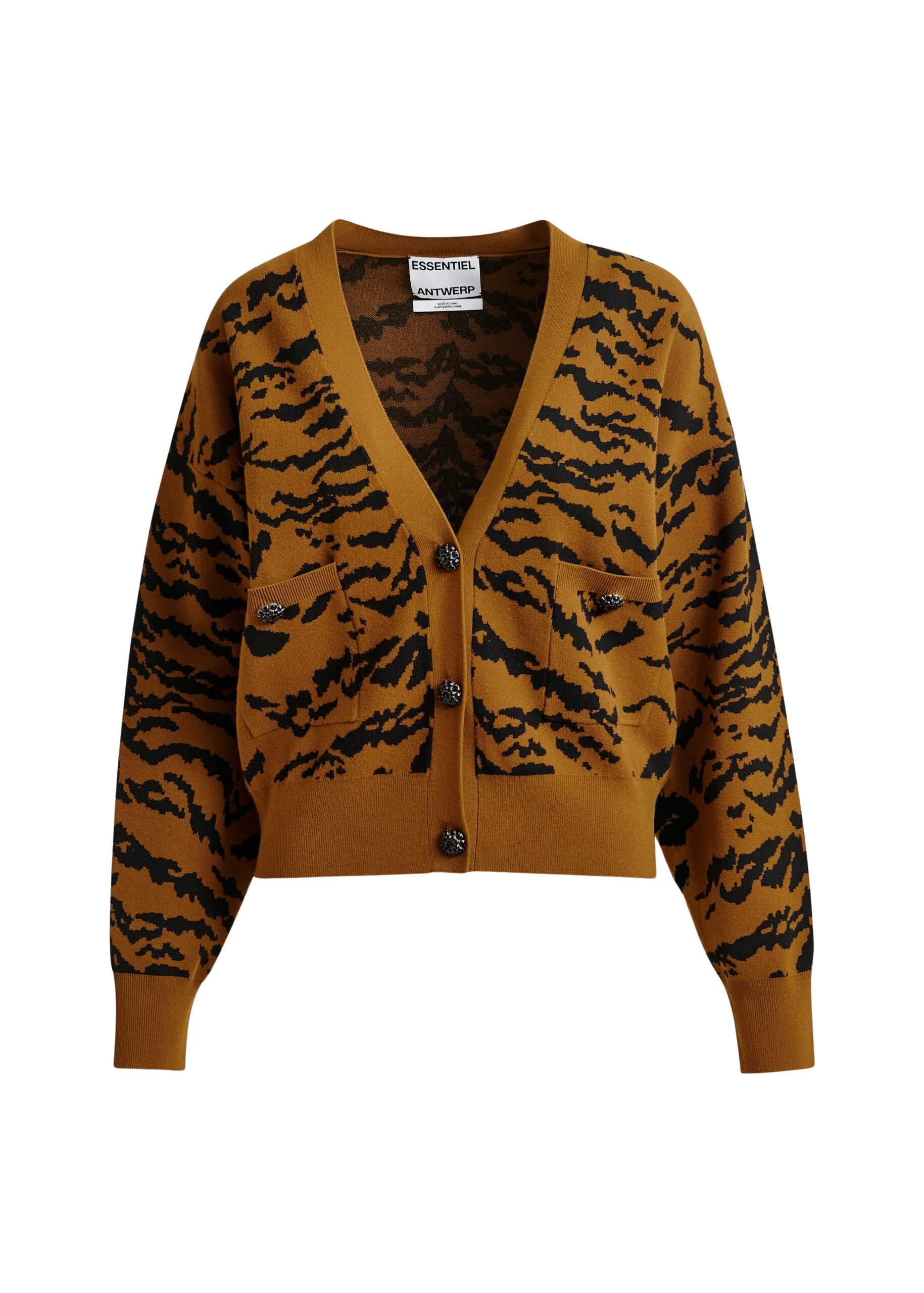 Essentiel Antwerp Brown tiger-print cardigan with rhinestone encrushed buttons - Essentiel Antwerp Knitwear - Colorful Belgian Design - Shop at Coveti