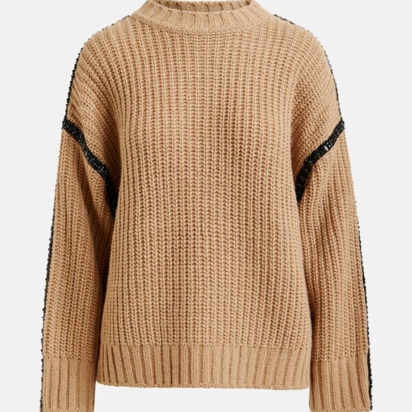 Essentiel Antwerp Brown wool-blend turtleneck with detachable collar and rhinestone embellishments - Essentiel Antwerp Knitwear - Colorful Belgian Design - Shop at Coveti