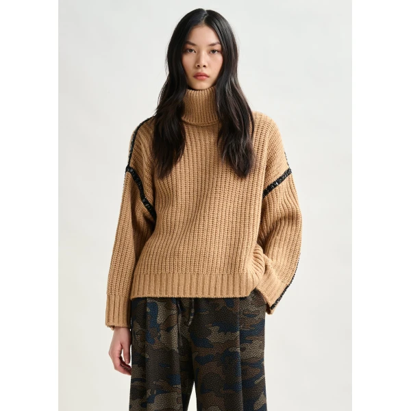 Essentiel Antwerp Brown wool-blend turtleneck with detachable collar and rhinestone embellishments Knit, view 3