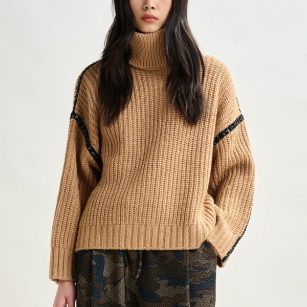 Essentiel Antwerp Brown wool-blend turtleneck with detachable collar and rhinestone embellishments - Essentiel Antwerp Knitwear - Colorful Belgian Design - Shop at Coveti