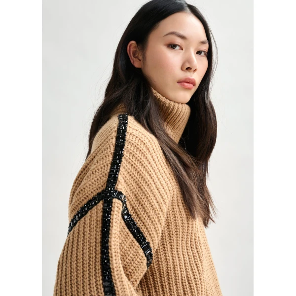 Essentiel Antwerp Brown wool-blend turtleneck with detachable collar and rhinestone embellishments Knit, view 5