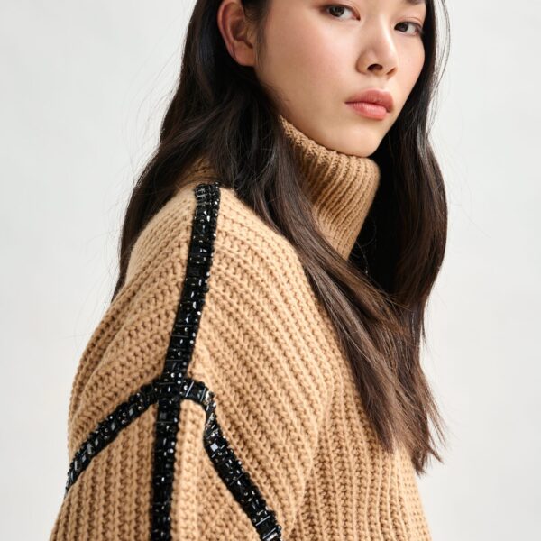 Essentiel Antwerp Brown wool-blend turtleneck with detachable collar and rhinestone embellishments - Essentiel Antwerp Knitwear - Colorful Belgian Design - Shop at Coveti
