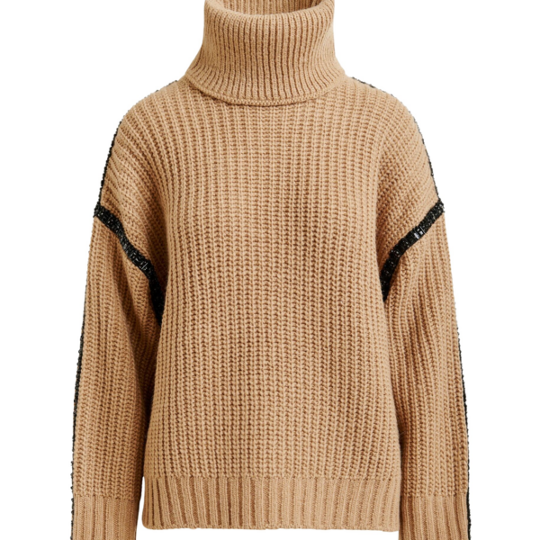 Essentiel Antwerp Brown wool-blend turtleneck with detachable collar and rhinestone embellishments - Essentiel Antwerp Knitwear - Colorful Belgian Design - Shop at Coveti
