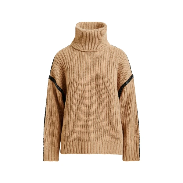 Essentiel Antwerp Brown wool-blend turtleneck with detachable collar and rhinestone embellishments - Essentiel Antwerp Knitwear - Colorful Belgian Design - Shop at Coveti