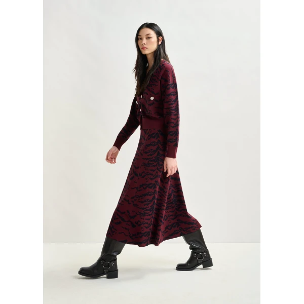 Essentiel Antwerp Burgundy and black tiger-print A-line knit midi skirt, view 3
