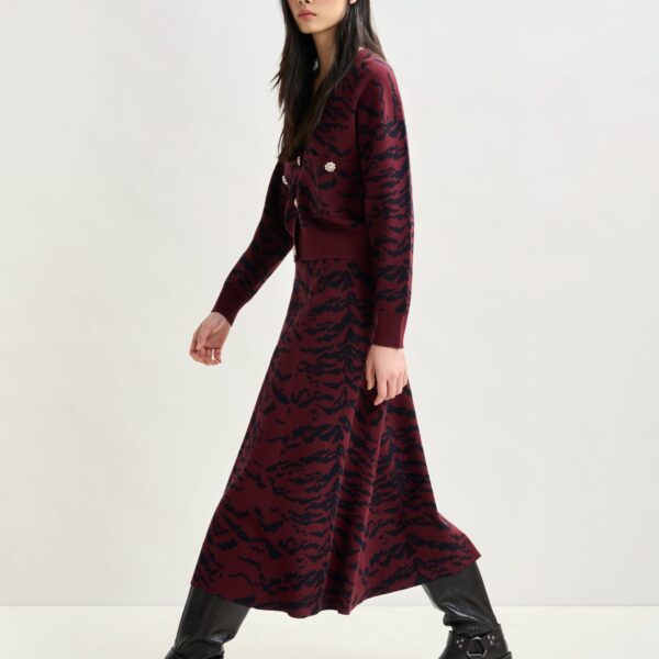 Essentiel Antwerp Burgundy and black tiger-print A-line knit midi skirt - Essentiel Antwerp Skirts - Colorful Belgian Design - Shop at Coveti