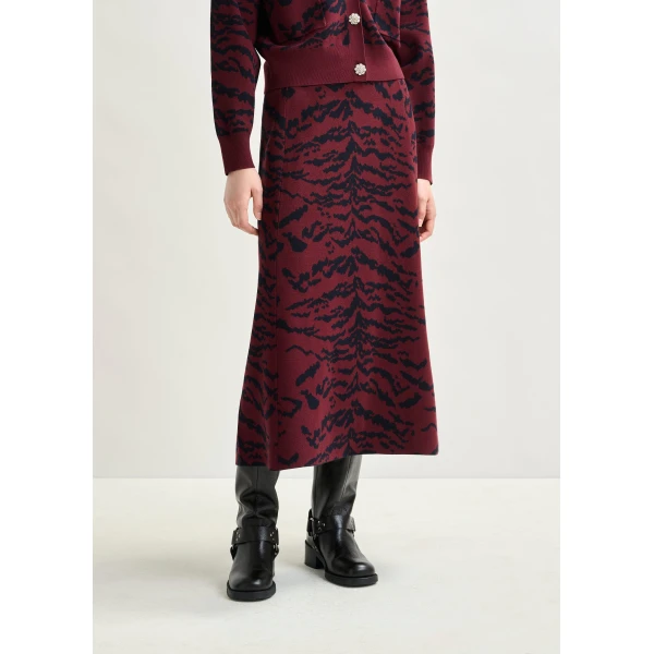 Essentiel Antwerp Burgundy and black tiger-print A-line knit midi skirt, view 4