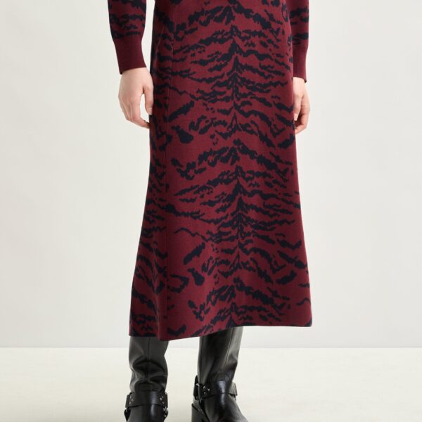 Essentiel Antwerp Burgundy and black tiger-print A-line knit midi skirt - Essentiel Antwerp Skirts - Colorful Belgian Design - Shop at Coveti