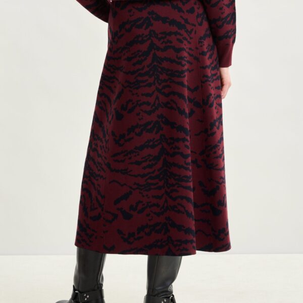 Essentiel Antwerp Burgundy and black tiger-print A-line knit midi skirt - Essentiel Antwerp Skirts - Colorful Belgian Design - Shop at Coveti