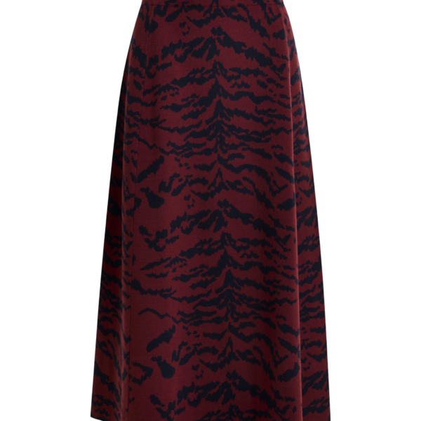 Essentiel Antwerp Burgundy and black tiger-print A-line knit midi skirt - Essentiel Antwerp Skirts - Colorful Belgian Design - Shop at Coveti
