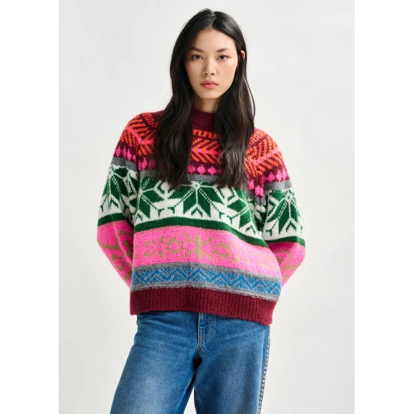 Essentiel Antwerp Burgundy and multicolor mélange knit jacquard sweater, view 2