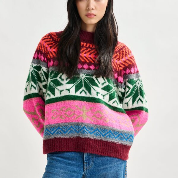 Essentiel Antwerp Burgundy and multicolor mélange knit jacquard sweater - Essentiel Antwerp Jackets - Colorful Belgian Design - Shop at Coveti