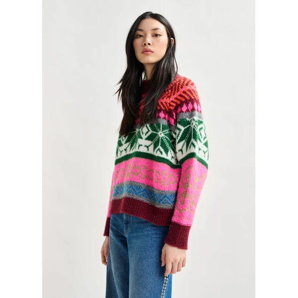 Essentiel Antwerp Burgundy and multicolor mélange knit jacquard sweater, view 3