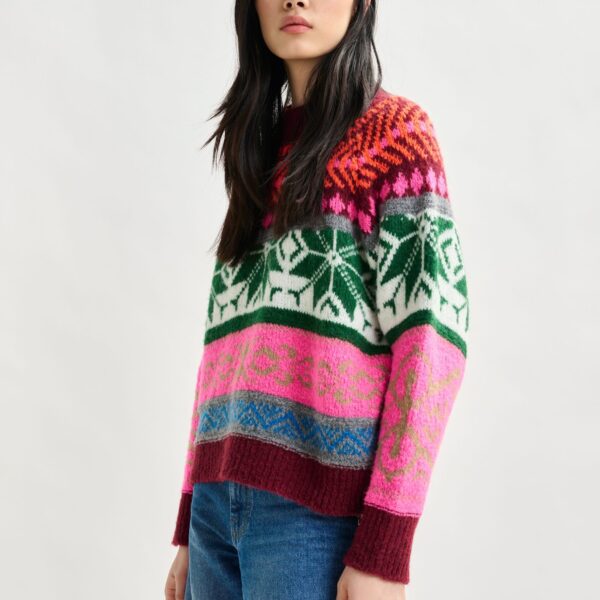 Essentiel Antwerp Burgundy and multicolor mélange knit jacquard sweater - Essentiel Antwerp Jackets - Colorful Belgian Design - Shop at Coveti