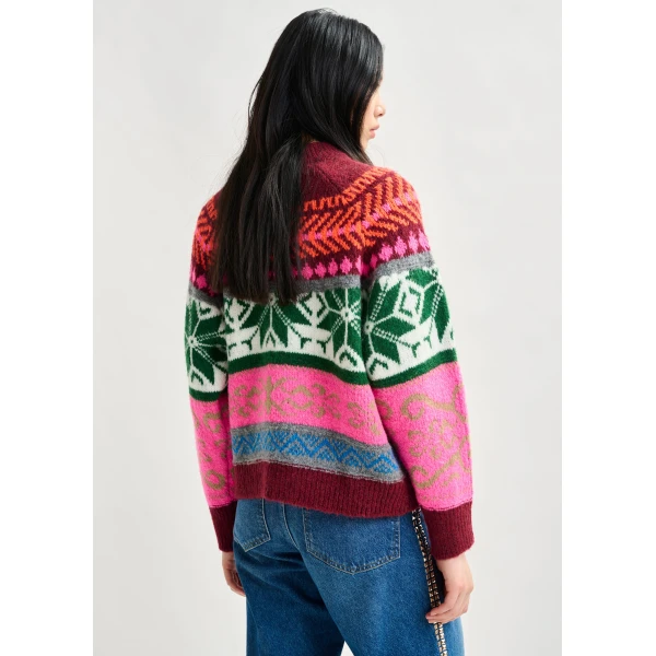 Essentiel Antwerp Burgundy and multicolor mélange knit jacquard sweater, view 4