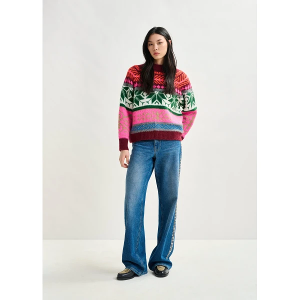 Essentiel Antwerp Burgundy and multicolor mélange knit jacquard sweater, view 5