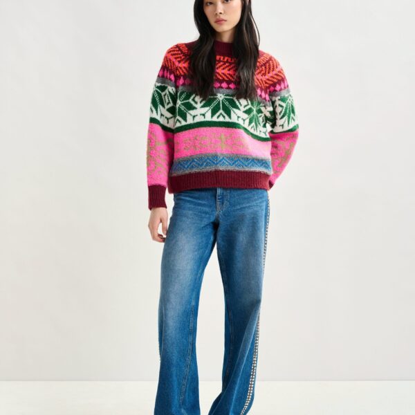 Essentiel Antwerp Burgundy and multicolor mélange knit jacquard sweater - Essentiel Antwerp Jackets - Colorful Belgian Design - Shop at Coveti
