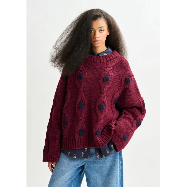 Essentiel Antwerp Burgundy and navy polka-dot cable-knit sweater, view 2