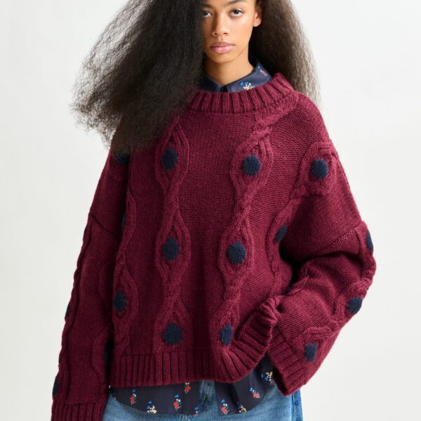 Essentiel Antwerp Burgundy and navy polka-dot cable-knit sweater - Essentiel Antwerp Knitwear - Colorful Belgian Design - Shop at Coveti