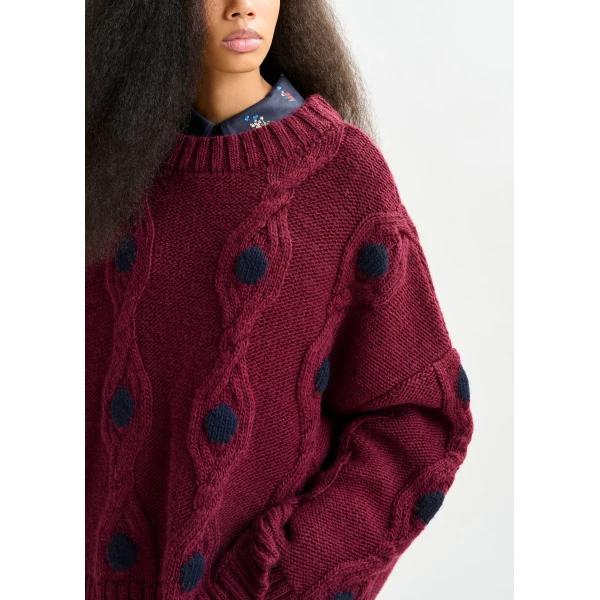 Essentiel Antwerp Burgundy and navy polka-dot cable-knit sweater, view 3