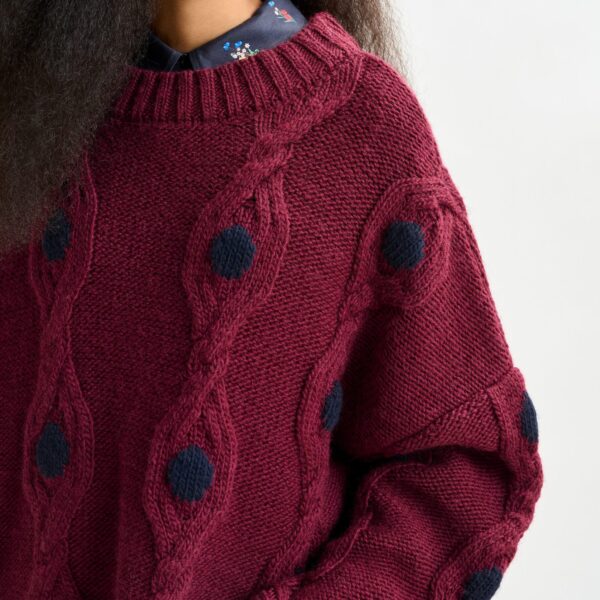 Essentiel Antwerp Burgundy and navy polka-dot cable-knit sweater - Essentiel Antwerp Knitwear - Colorful Belgian Design - Shop at Coveti