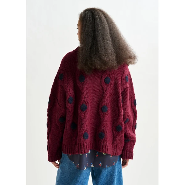 Essentiel Antwerp Burgundy and navy polka-dot cable-knit sweater, view 4