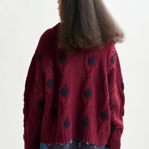 Essentiel Antwerp Burgundy and navy polka-dot cable-knit sweater - Essentiel Antwerp Knitwear - Colorful Belgian Design - Shop at Coveti