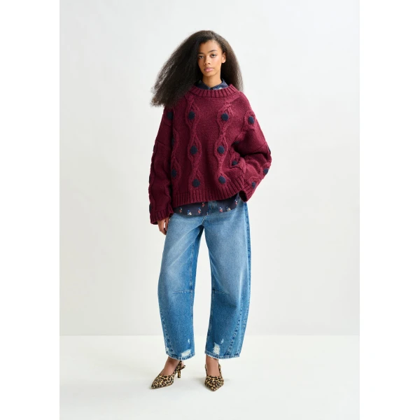 Essentiel Antwerp Burgundy and navy polka-dot cable-knit sweater, view 5