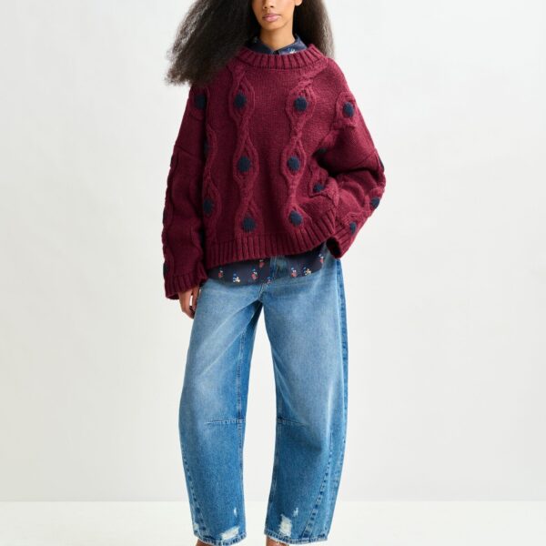 Essentiel Antwerp Burgundy and navy polka-dot cable-knit sweater - Essentiel Antwerp Knitwear - Colorful Belgian Design - Shop at Coveti