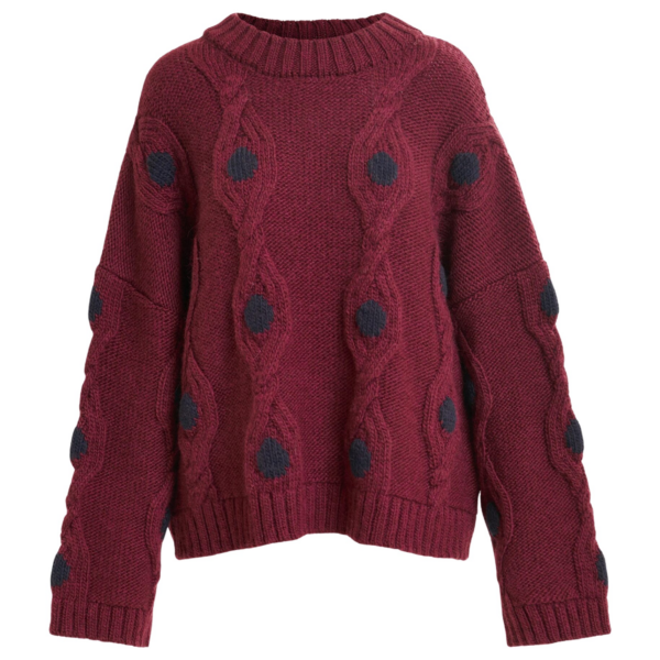 Essentiel Antwerp Burgundy and navy polka-dot cable-knit sweater - Essentiel Antwerp Knitwear - Colorful Belgian Design - Shop at Coveti