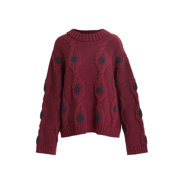 Essentiel Antwerp Burgundy and navy polka-dot cable-knit sweater - Essentiel Antwerp Knitwear - Colorful Belgian Design - Shop at Coveti