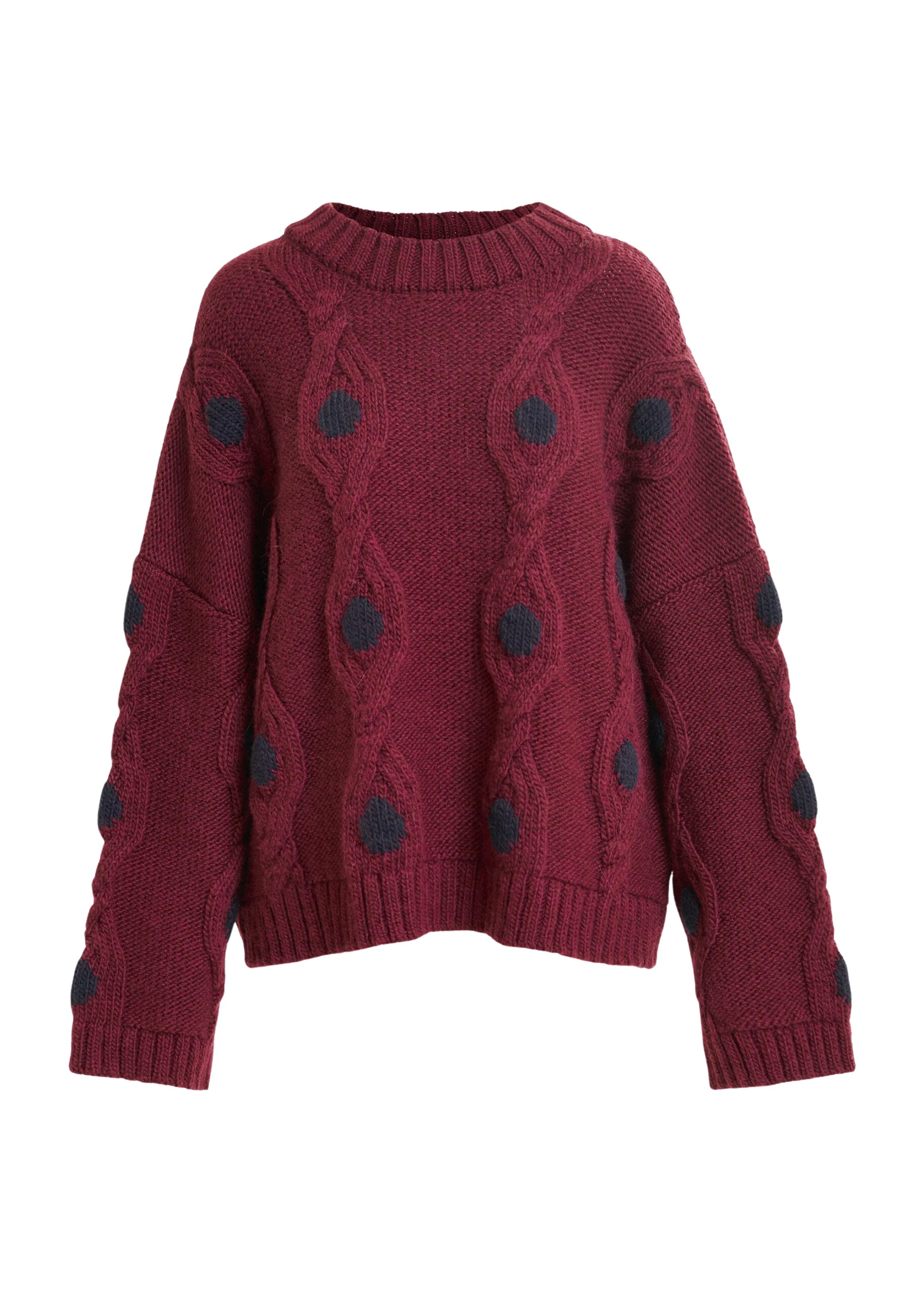 Essentiel Antwerp Burgundy and navy polka-dot cable-knit sweater - Essentiel Antwerp Knitwear - Colorful Belgian Design - Shop at Coveti
