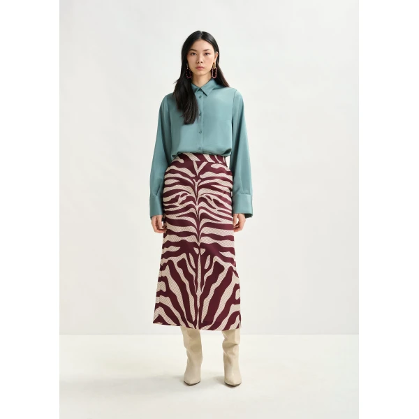Essentiel Antwerp Burgundy and off-white maxi-length skirt with zebraprint, view 2