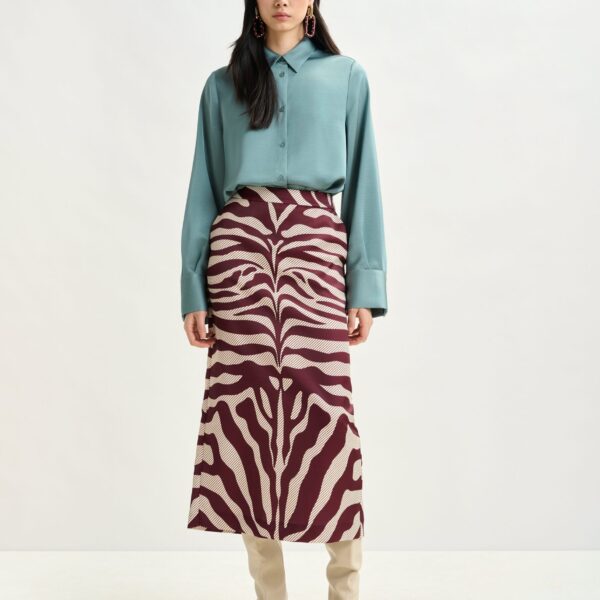 Essentiel Antwerp Burgundy and off-white maxi-length skirt with zebraprint - Essentiel Antwerp Skirts - Colorful Belgian Design - Shop at Coveti