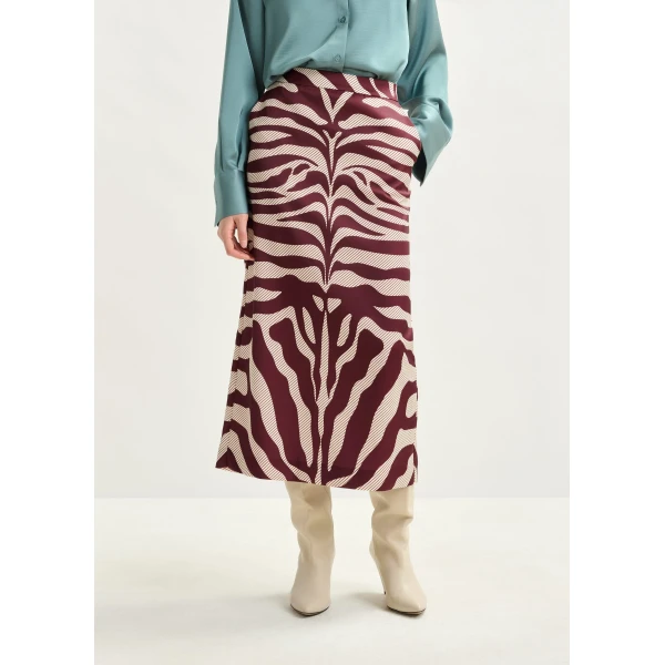 Essentiel Antwerp Burgundy and off-white maxi-length skirt with zebraprint, view 3