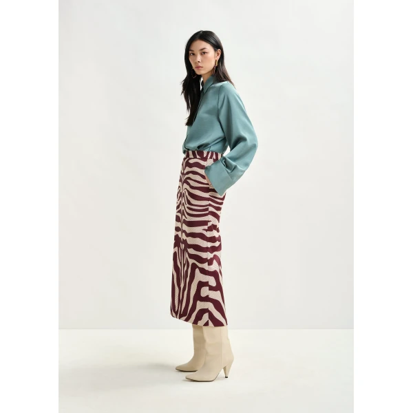 Essentiel Antwerp Burgundy and off-white maxi-length skirt with zebraprint, view 4