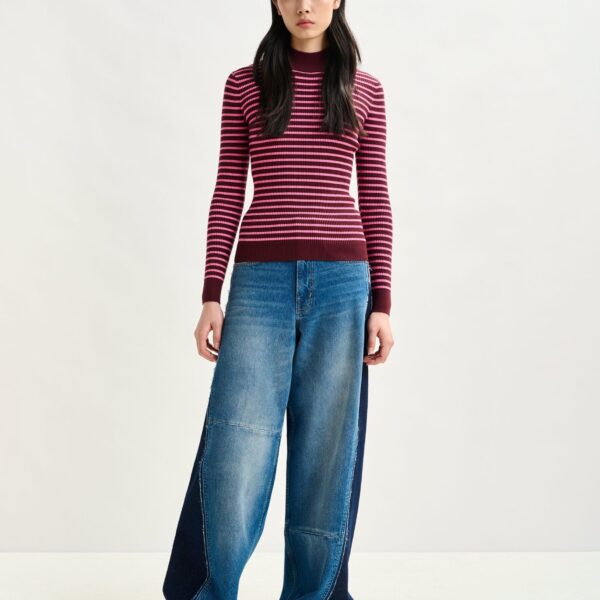 Essentiel Antwerp Burgundy and pink striped sweater - Essentiel Antwerp Knitwear - Colorful Belgian Design - Shop at Coveti