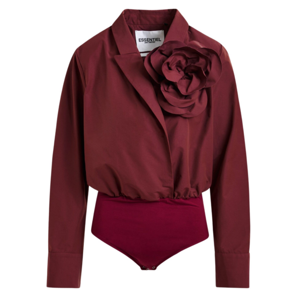 Essentiel Antwerp Burgundy bodysuit with self-fabric flower - Essentiel Antwerp Bodysuit - Colorful Belgian Design - Shop at Coveti