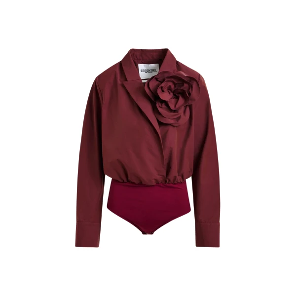 Essentiel Antwerp Burgundy bodysuit with self-fabric flower - Essentiel Antwerp Bodysuit - Colorful Belgian Design - Shop at Coveti