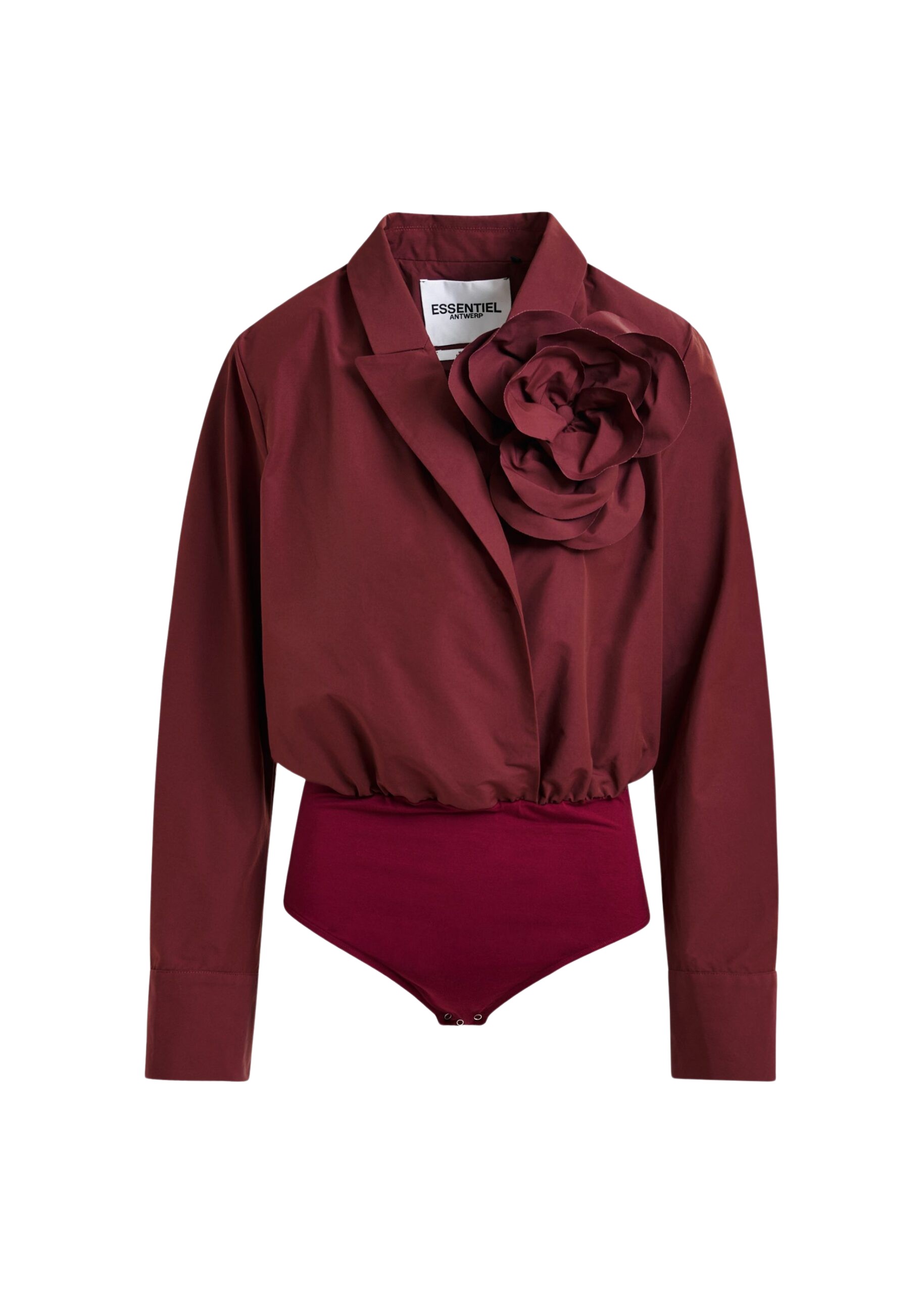 Essentiel Antwerp Burgundy bodysuit with self-fabric flower - Essentiel Antwerp Bodysuit - Colorful Belgian Design - Shop at Coveti