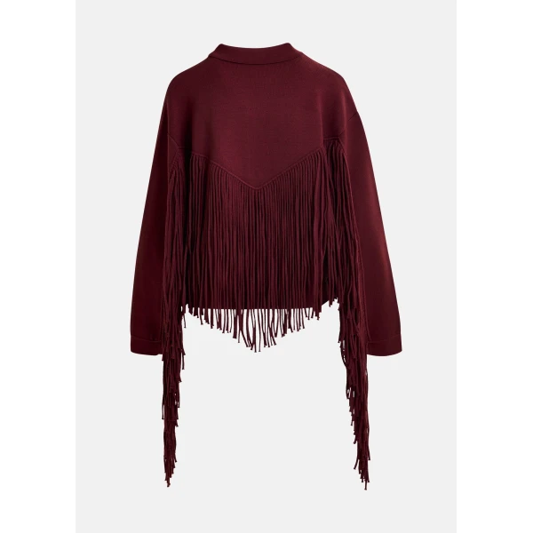 Essentiel Antwerp Burgundy cropped knitted jacket with fringe details, view 2
