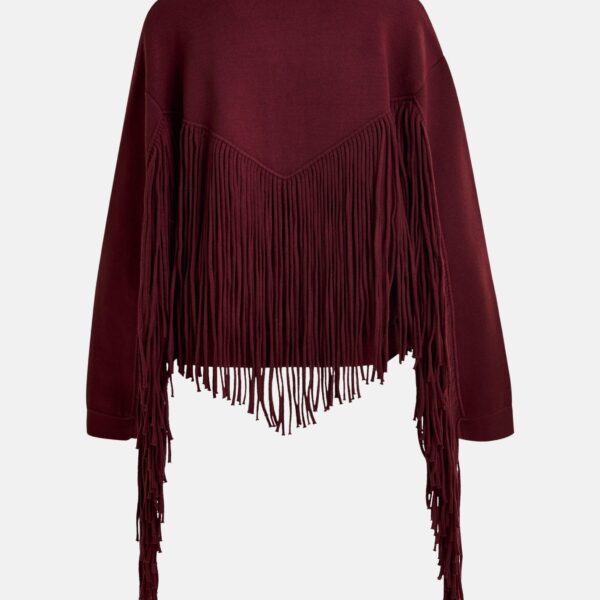 Essentiel Antwerp Burgundy cropped knitted jacket with fringe details - Essentiel Antwerp Jackets - Colorful Belgian Design - Shop at Coveti