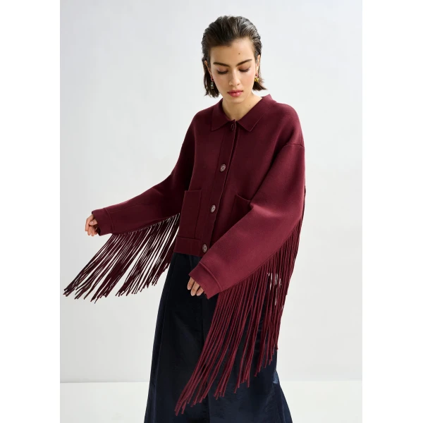 Essentiel Antwerp Burgundy cropped knitted jacket with fringe details, view 3