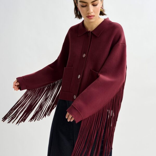 Essentiel Antwerp Burgundy cropped knitted jacket with fringe details - Essentiel Antwerp Jackets - Colorful Belgian Design - Shop at Coveti