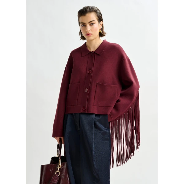 Essentiel Antwerp Burgundy cropped knitted jacket with fringe details, view 4