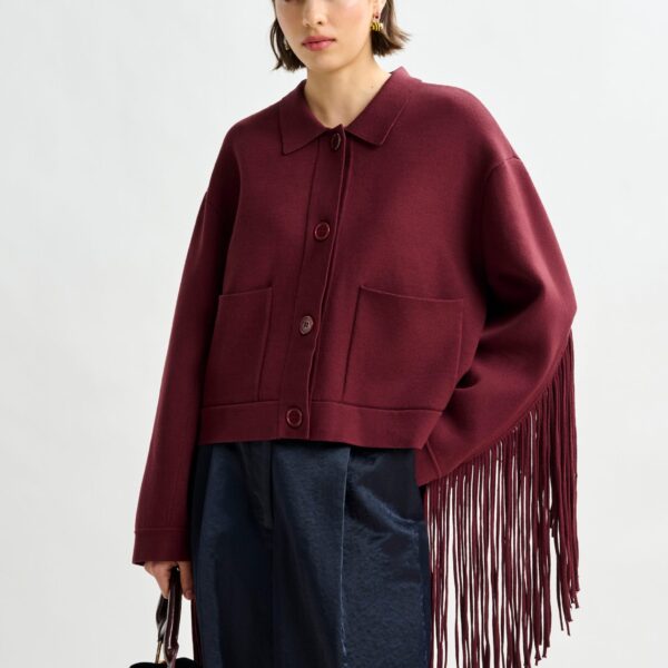Essentiel Antwerp Burgundy cropped knitted jacket with fringe details - Essentiel Antwerp Jackets - Colorful Belgian Design - Shop at Coveti