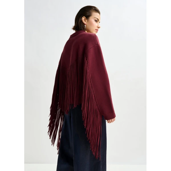 Essentiel Antwerp Burgundy cropped knitted jacket with fringe details, view 5